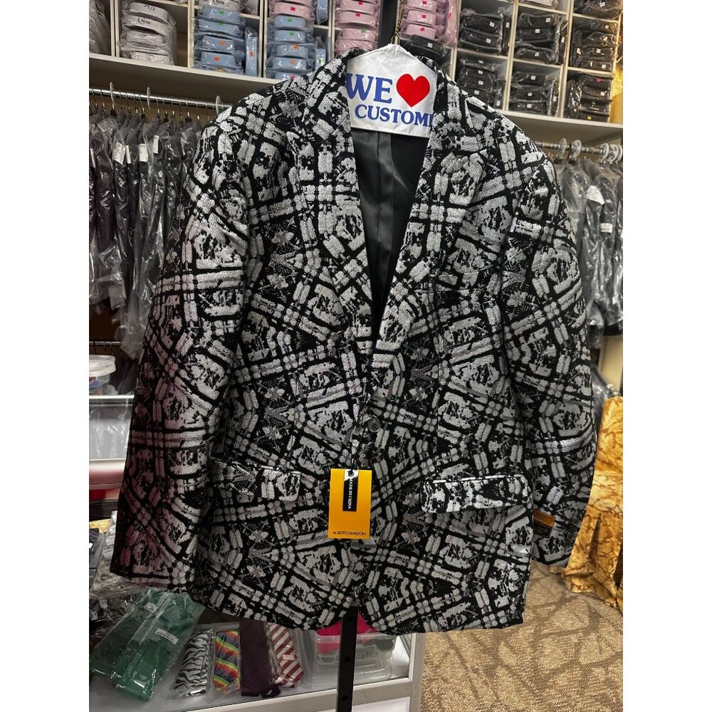 NWT Men's Alberto Nardoni Silver/Black geometric pattern prom tuxedo dinner jack